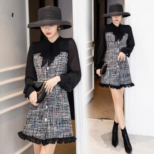 LLZACOOSH New Autumn And Winter Sexy See-through Mesh tweed Dress Ribbon Bow Single-breasted Long Sleeve Chic Ruffles Dress