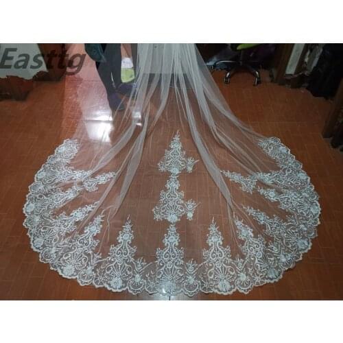 Real Photos White Ivory 4 Meters One Layer Lace Wedding Veil luxurious Cathedral Long Bridal Veil with Comb wedding Accessories