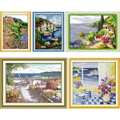 Seaside Landscapes Embroidery Needlework Cross-Stitch Kit Stamped Print Patterns 11CT 14CT Painting Counted Patterns Craft Decor
