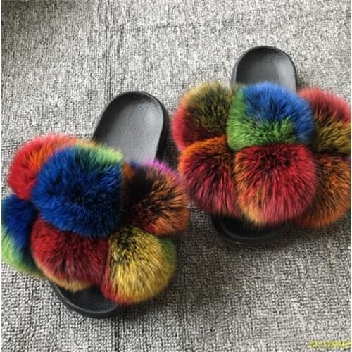 New fur ball fluffy slippers women furry fur slippers fashion fox fur slides ladies sandals plush sliders hair ball flip flops