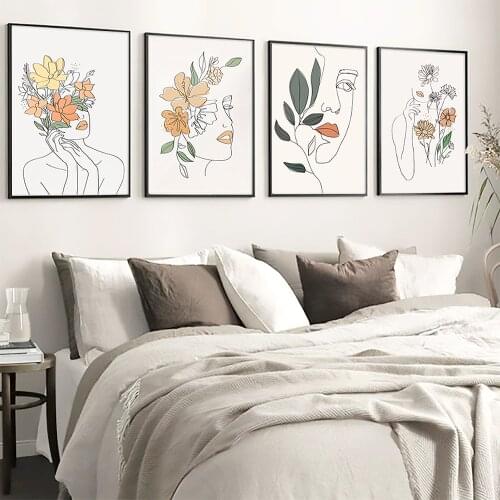 Nordic Abstract Art Canvas Painting Flower Woman Face Line Orange Posters Print Wall Pictures For Livingroom Interior Home Decor