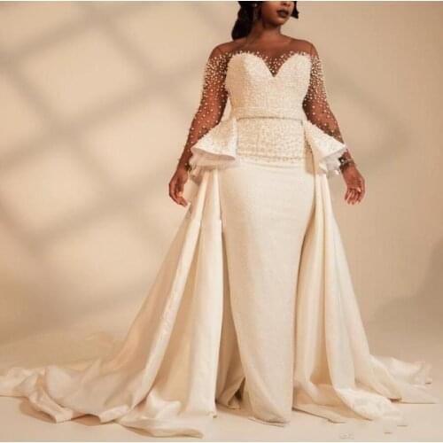 African Mermaid Wedding Dresses Removable Train Sheer Neck Long Sleeve Sweep Train Garden Country Chapel Bridal Gowns