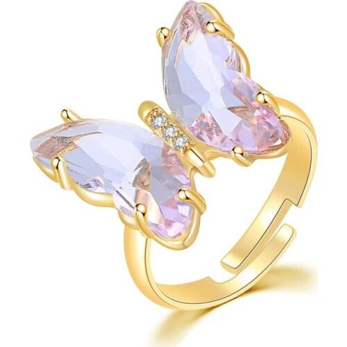 Temperament Elegant Crystal Butterfly Ring for Women Green Pink Purple Candy Color Cute Sweet Rings Girls Versatile Holiday Gift