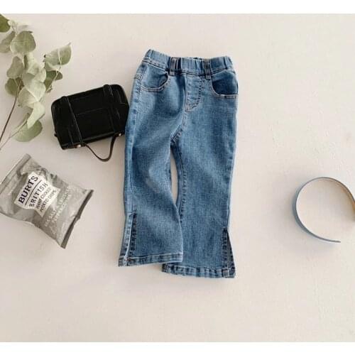 2021 Spring Baby Girls Denim Flare Pants Solid Color Toddlers Kids Elastic Jeans Korean Style Children Trousers