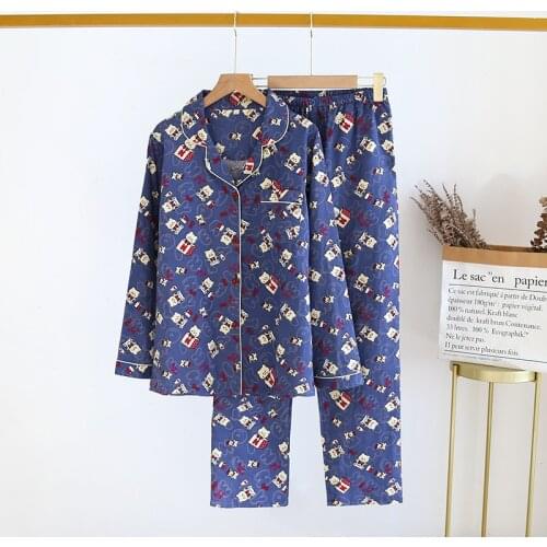 2021 Spring Summer Cute Cartoon 100% Cotton Sleepwear Women Long Sleeve Loungewear Home Suit Female Homewear Pajamas Two Piece