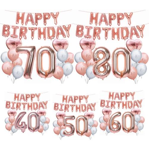 ZLJQ 30 40 50 60 70 80 Years Birthday Party Supplies Rose Gold Happy Birthday Foil Balloon Adult Birthday Party Decoration Balon