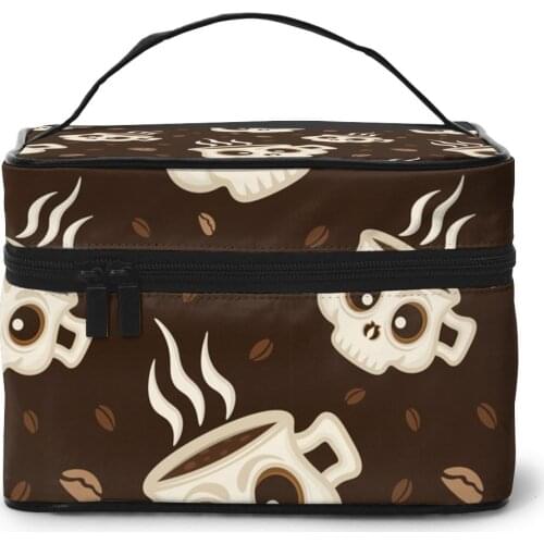 Womens Travel Organization Beauty Cosmetic Make up Storage Lady Wash Bags Cute Coffee Skull Handbag Pouch