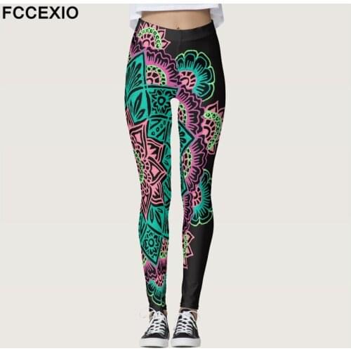 FCCEXIO Mandala Leggings Women 3D Print Wokout Leggins Fashion Slim Elastic Fitness Legins Mid Waist INDIA Pattern Elastic Slim