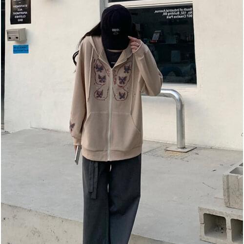 Women Butterfly Print Hoodies Long Sleeve Sweatshirt Zip Up Loose Coats with Pockets Female Harajuku Oversized Streetwear
