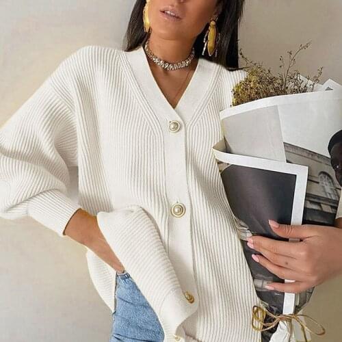 Tops For Women Casual V-Neck Knitted Cardigan Autumn Winter Lantern Sleeve Button Female Fashion Ladies Oversize Sweater