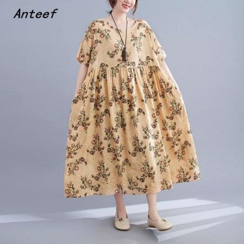 Short sleeve cotton vintage floral dresses for women casual loose long woman summer dress elegant clothes 2021
