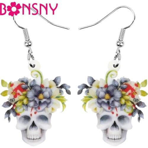 Bonsny Acrylic Halloween Flower Skull Earrings Elegant Long Dangle Drop Jewelry For Women Girls Trendy Party Gift Decoration
