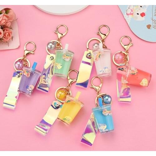 Creative Mini Soft Drink Keychain Cute Unicorn Milk Tea Keyring Acrylic Moving Liquid oil Drop decompression Key Chains Jewelry
