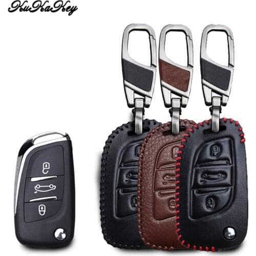 Car Key Case For Peugeot 306 407 408 607 Genuine Leather Remote Flip Car Key Cover Keychain For Citroen C2 C4 Key Shell Holder