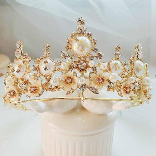 Handmade Baroque Golden Cream Pearl QUEEN CROWN Rhinestone Flower Fairy Maiden Tiaras Wedding Accessories Headwear Elegant XL069