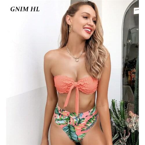 GNIM Sexy Bandeau Swimwear Women Push Up High Waist Bikini Set 2021 High Cut Backless Brazilian Swimsuit Female 2 Pieces Biquini