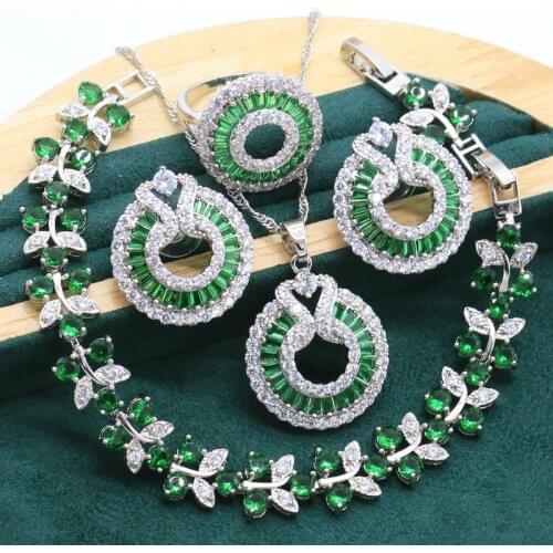 Exquisite Green Topaz Silver Jewelry set for Women Bracelet Earrings Necklace pendant Ring Halloween Gift Wedding Jewelry