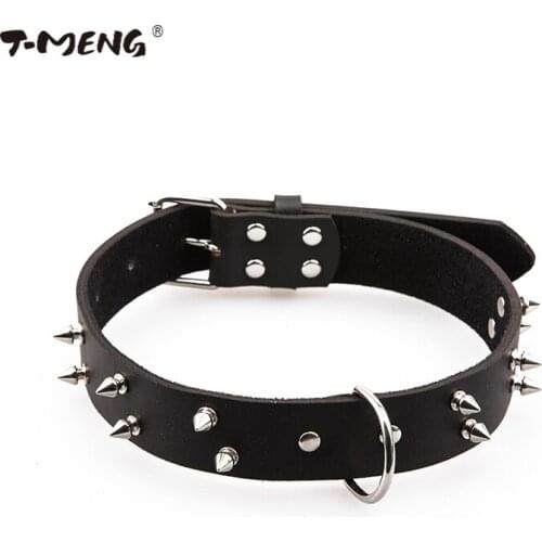 T-MENG Rivet Spiked Studded Leather Dog Collars For Medium Pets Punk Style Genuine Leather Neck Strap Belt Goods For Pet Product