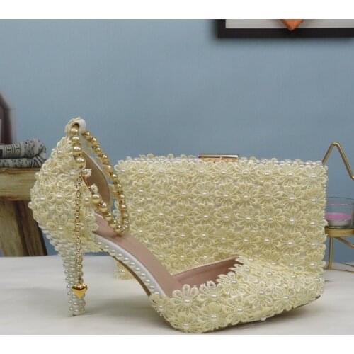 Cream Lace Flower Wedding Shoe And Bag Set Ivory Pearl Heels Pointed Toe Ankle Strap Ladies Party shoe with matching bag Lace-up
