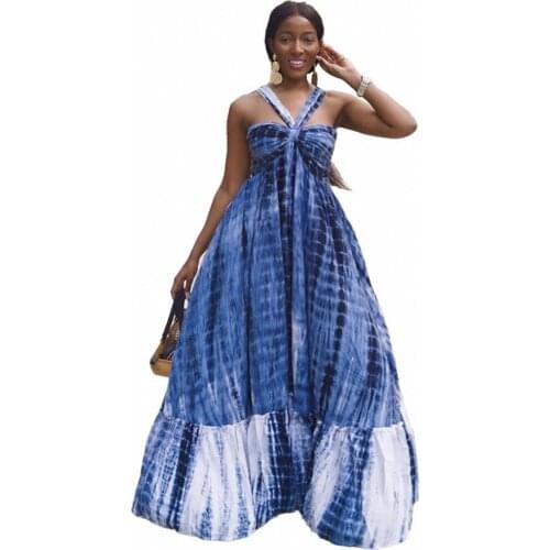 Summer Dresses For Women African Casual Wear Blue Slim Suspender Dress Printed Loose Sun Skirt Sexy Open Back Evening Dresses