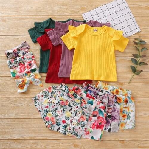 Summer Baby Girls Clothes Set Solid Color Short Sleeve O-neck Tops + Floral Print Shorts + Bow-knot Headband Kids Clothing Suit