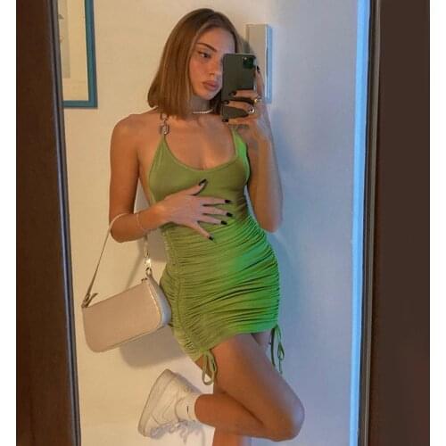 Fashion Dresses Woman Summer 2021 Halterneck Sexy Drawstring Dress Sleeveless Backless Mini Dresses Female Clothing Party Dress