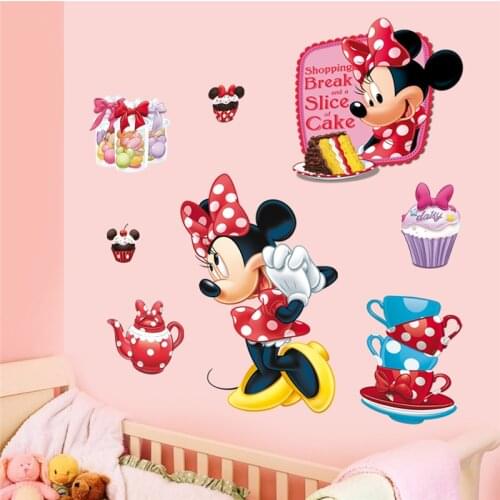 Cartoon minnie shopping and a slice of cake wall stickers for kids rooms home decor disney wall decals pvc mural art diy posters