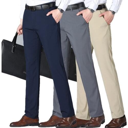 2021 Summer Mens Casual Pants Loose Elastic Business Straight Non-Ironing Ice Silk Trousers