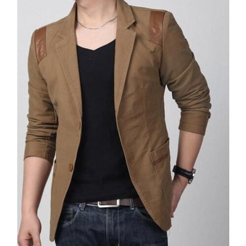 Casual Spring Fall Man Khaki Black One Button Patchwork Slim 5xl 6xl Cotton Blazer Coat , Fashion Men Male Fit Business Blazers