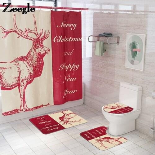 Flannel Christmas Bathroom Carpet Bath Rug Set Non-Slip Mat Set Europr Style Shower Curtain Absorbent Foot Mat Toilet Bath Mat