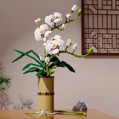 Boxed Phalaenopsis bouque Potted Red Plum Blossom Flowers Building Blocks Bouquet With Vase Bricks Toys Gift Home Decor
