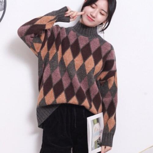 Autumn Winter Sweater Women Harajuku style Solid color Loose Pullover Retro Twist Argyle Pattern Round neck Warm Soft Sweater