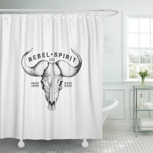 Western Vintage Label Ink Sketch of Buffalo Skull Pattern Shower Curtain Waterproof Fabric 72 x 78 Inches Set with Hooks