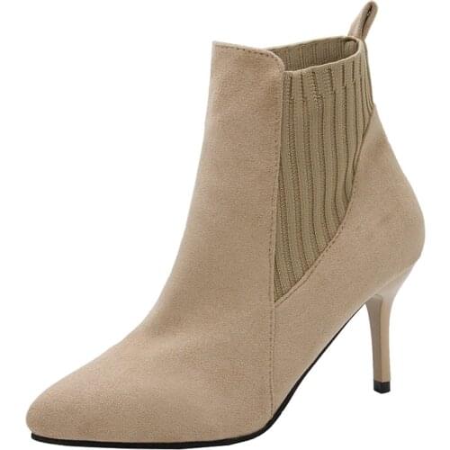 Women Boots Ankle Short Boots Flock Pointed Toe 7CM Thin Heels Winter Booties Woman Wool Elastic Slip On Women Martin Boots