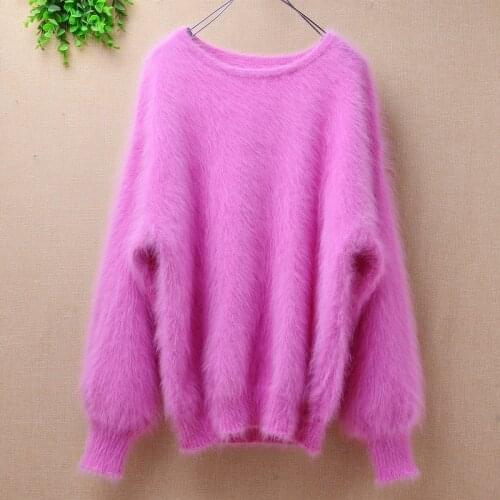 Elegant Fashion pink short women winter 100% long mink cashmere angora fur lantern batwing long sleeves Pullover winter sweater