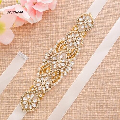 SESTHFAR Diamond Crystal Bridal Belt Hand Beaded Bridal Sash Gold Rhinestones Wedding Belt For Wedding Party Dresses