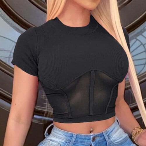 2021 Sexy Womens Crop Tops Black Mesh Stitching Short Tops Short Sleeve O Neck Slim Skinny T Shirt Tops Lady Sexy Club Tee Tops