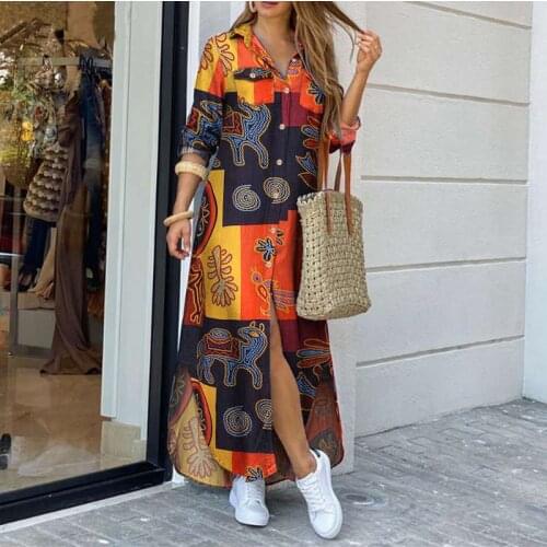 Women Sundress Vintage Long Sleeve Dress Lapel Collar Printed Maxi Long Dresses 2021 Autumn Casual Robe Femme Vestidos