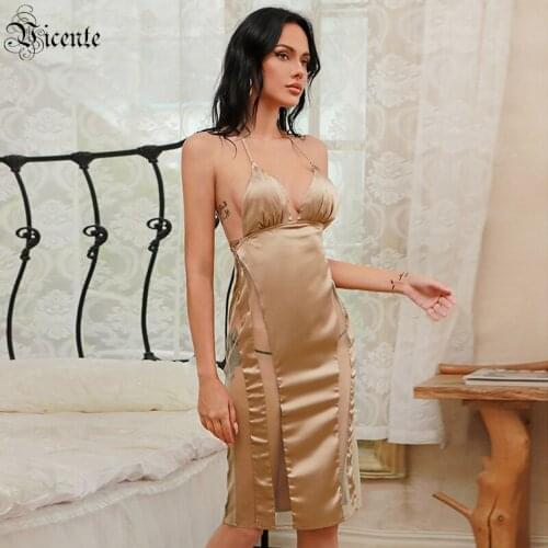 VC Sexy Dress Transparent Tulle Stitching Design Sling Skirt Hanging Neck Sleeveless Backless Sleeveless Knee-Length Satin Dress