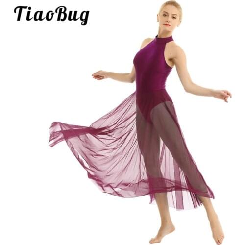 TiaoBug Women Sleeveless Long Mesh Tutu Ballet Dress Gymnastics Leotards Stage Performance Contemporary Lyrical Dance Dresses