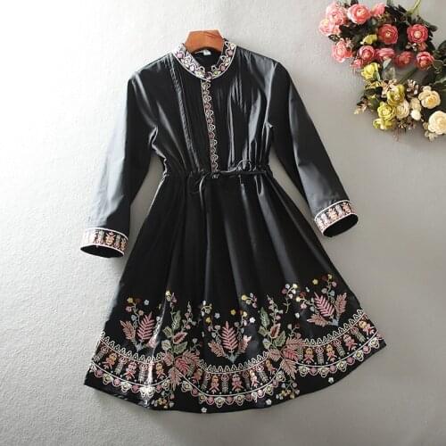 Womens Spring Summer high waist embroidery A-Line dress female korean fashion vintage casual cotton dress R1107