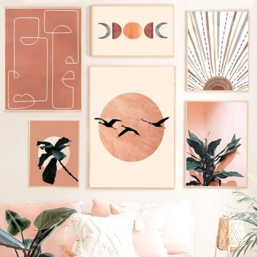 Abstract Sun Face Moon Plant Orange Canvas Art Wall Painting Posters And Prints Nordic Wall Pictures For Living Room Home Decor