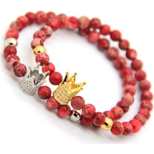 Ailatu High Grade Jewelry 6mm Sea Sediment Stone Beads with CZ Crown Braided Macrame Mens Bracelet