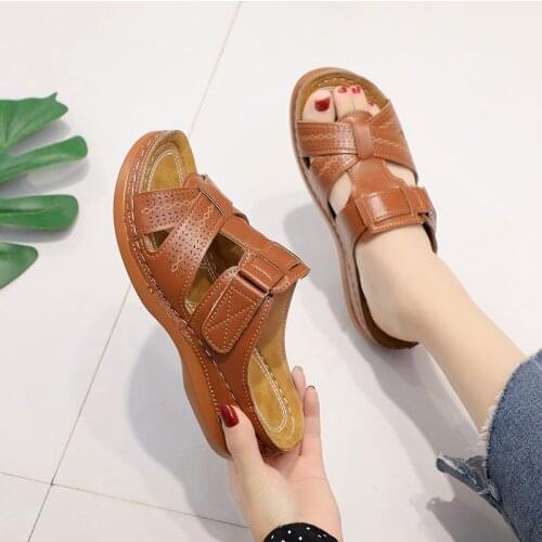 2021 Summer Women Premium Orthopedic Open Toe Sandals Vintage Anti-slip Breathable Leather Casual Female Platform Retro Shoes