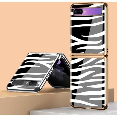 Z Flip Funda Case for Samsung Galaxy Z Flip F7000 Tempered Glass Shell Plating Zebra Pattern Coque Phone Case Cover Z Flip Capa