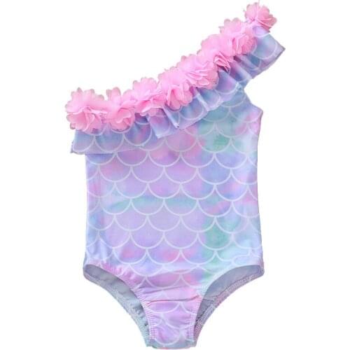 Children Mermaid Swimsuit Baby Girls Swimwear 2021 Summer Flower One Shoulder Bikini Kids Bathing Suit Beachwear