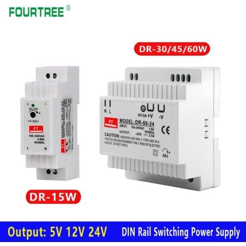 DR-15W 30W 45W 60W DIN Rail Switching Power Supply Single Output 5V 12V 24V AC DC Converter Power Switch Input 110/240VAC