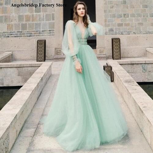 Angelsbridep 2021 Korea Light Green A Line Tulle Prom Dresses Puffy Long Sleeves V Neck Waist Band Elegant Evening Gown Vestidos