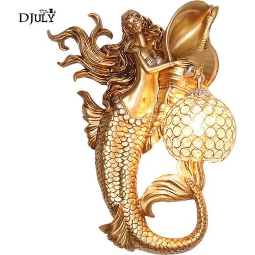 Europ art deco resin Mermaid wall lamp for villa living room corridor stairs decoration loft retro sconces wall light fixtures