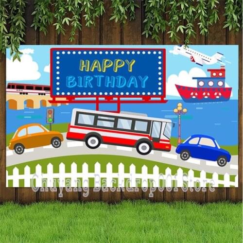 Transportation Backdrop Planes Car Steamship Boy 1st Birthday Party Blue Sky White Cloud Photography Background Photo Booth
